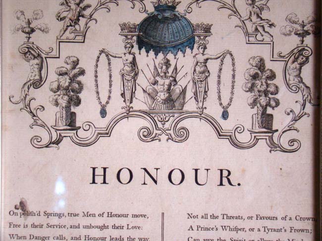An 18th century engraving entitled "HONOUR" taken from George Bickham's "Universal Penman" published in London in 1741